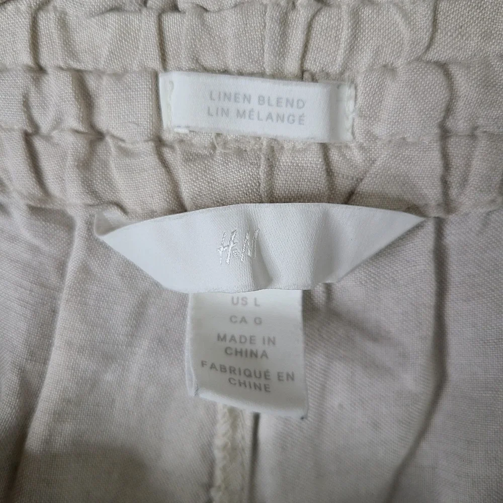 H&M‎ Pants Womens L Beige Linen Blend Paperbag Waist Drawstring Cropped Casual